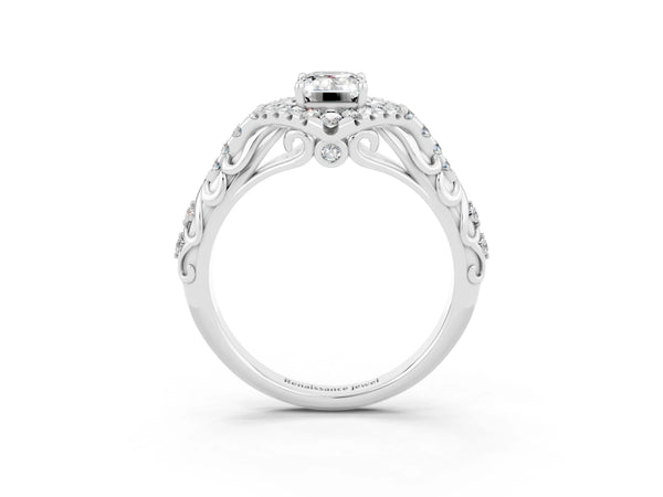 White gold Emerald Cut Moissanite Solitaire Ring with Hidden Halo and Pavé Band
