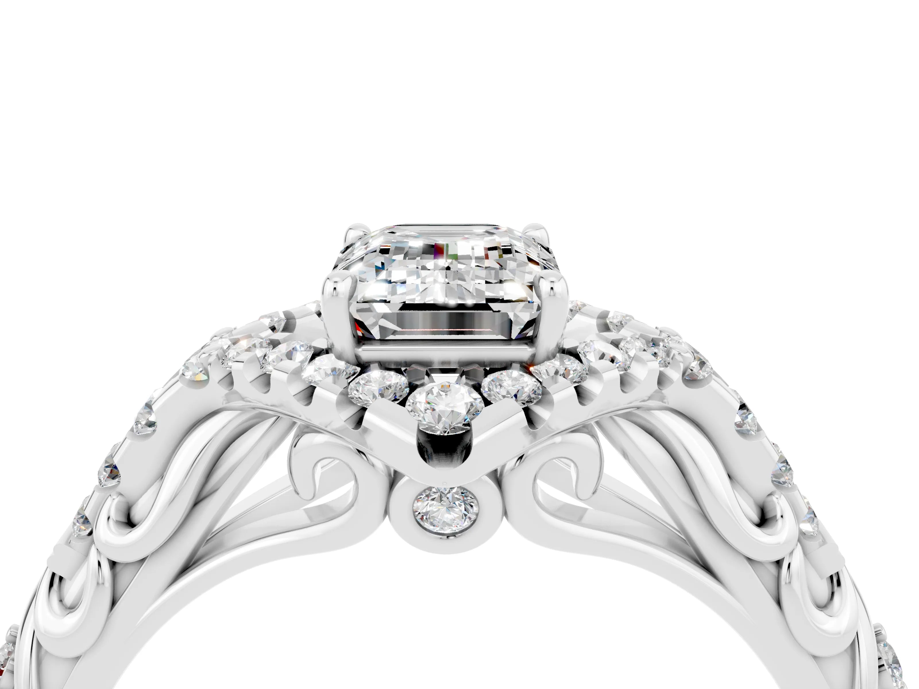 White gold Emerald Cut Moissanite Solitaire Ring with Hidden Halo and Pavé Band_16