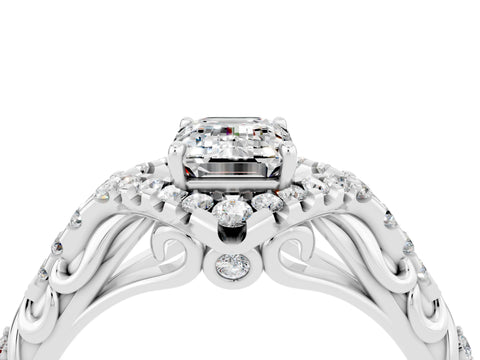 White gold Emerald Cut Moissanite Solitaire Ring with Hidden Halo and Pavé Band_16