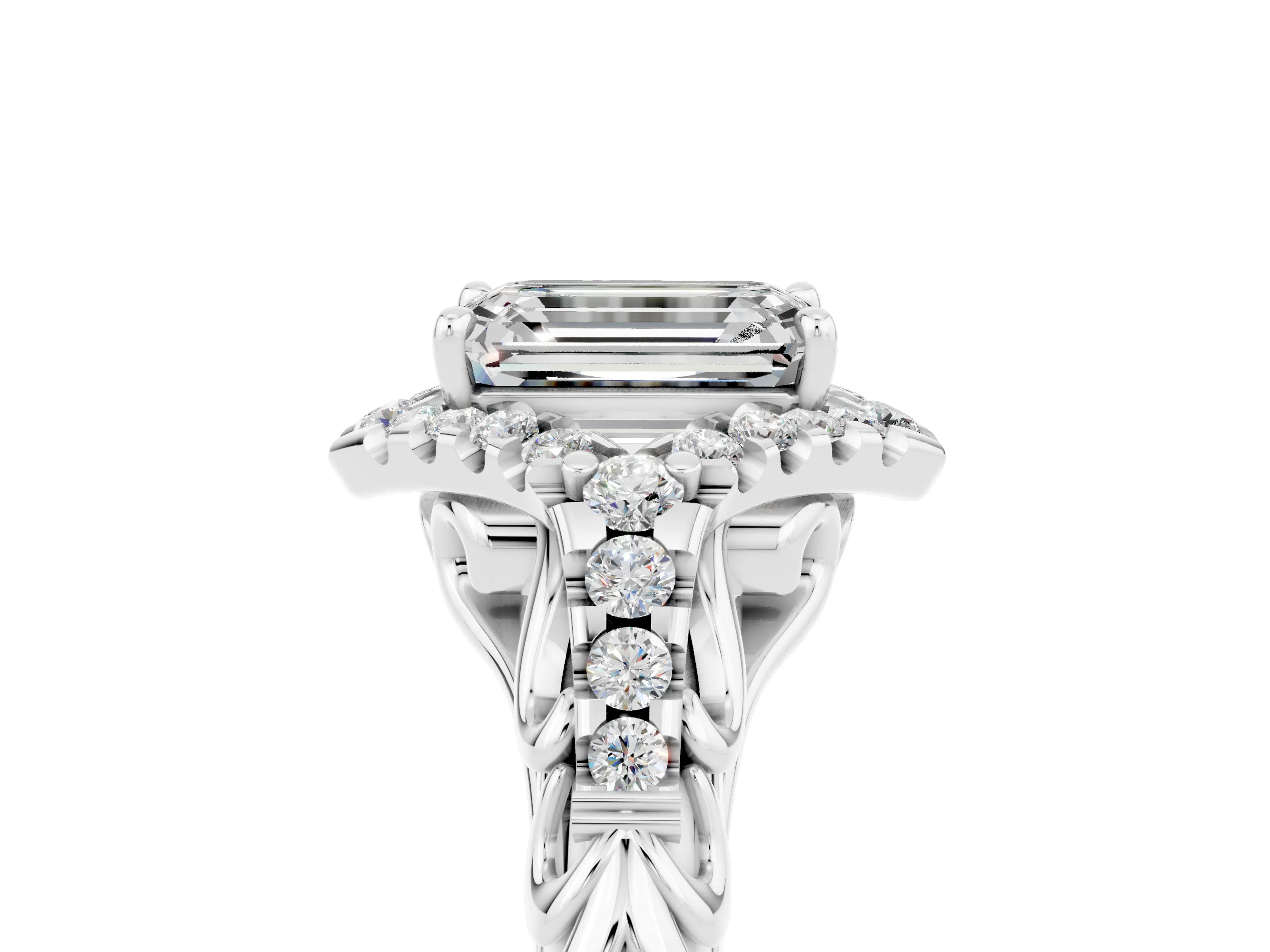 White gold Emerald Cut Moissanite Solitaire Ring with Hidden Halo and Pavé Band_17