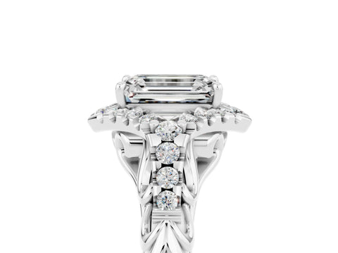 White gold Emerald Cut Moissanite Solitaire Ring with Hidden Halo and Pavé Band_17