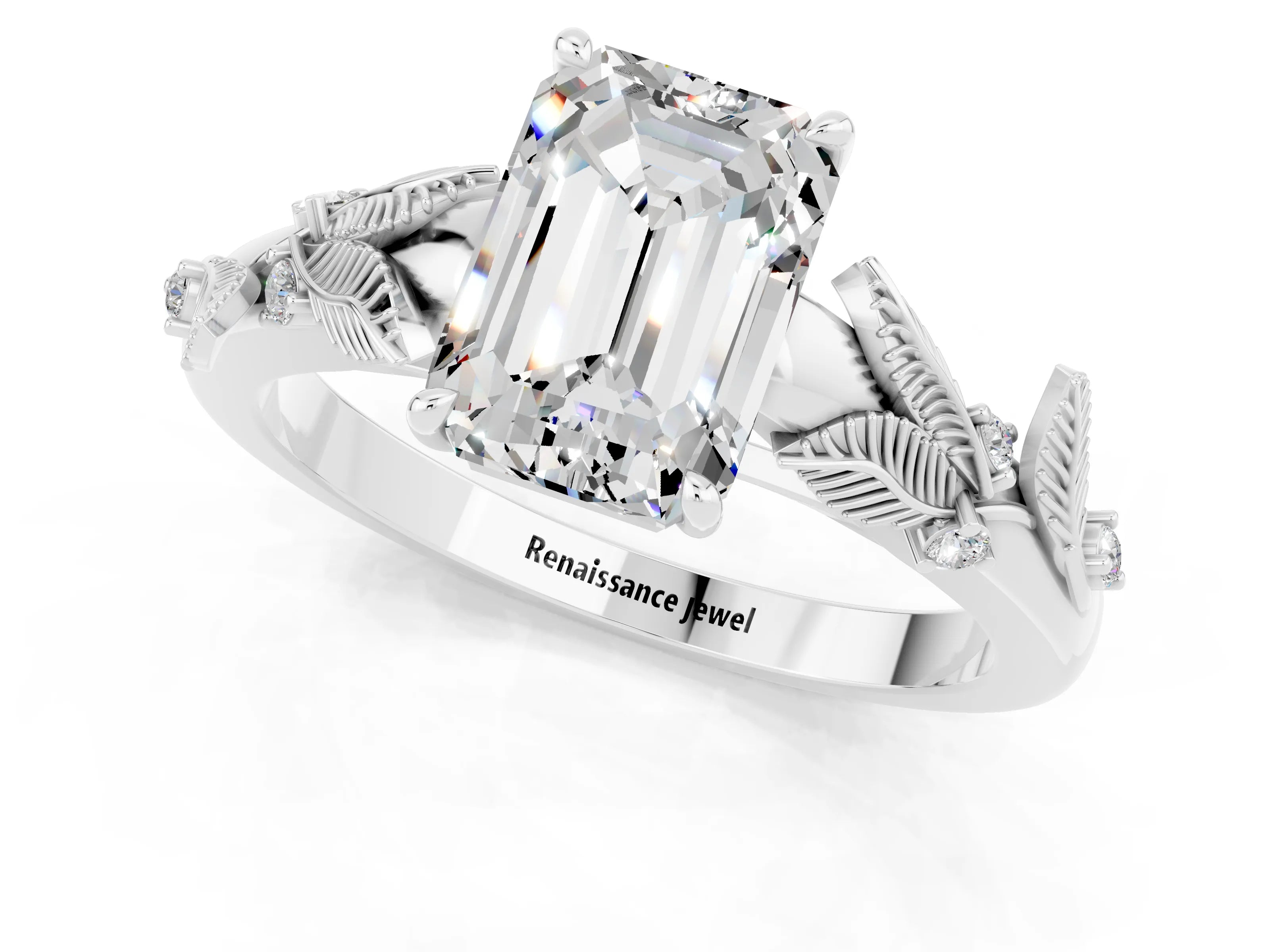 White gold Emerald Cut Moissanite Solitaire Ring with Leaf Motif Band and Four-Prong Setting_1