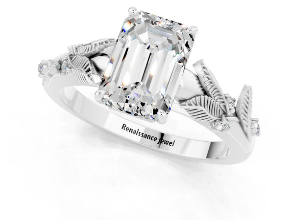 Platinum Emerald Cut Moissanite Solitaire Ring with Leaf Motif Band and Four-Prong Setting