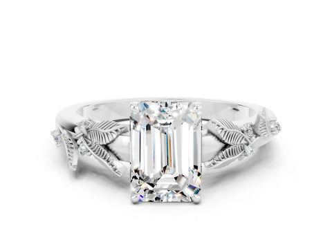 White gold Emerald Cut Moissanite Solitaire Ring with Leaf Motif Band and Four-Prong Setting_12