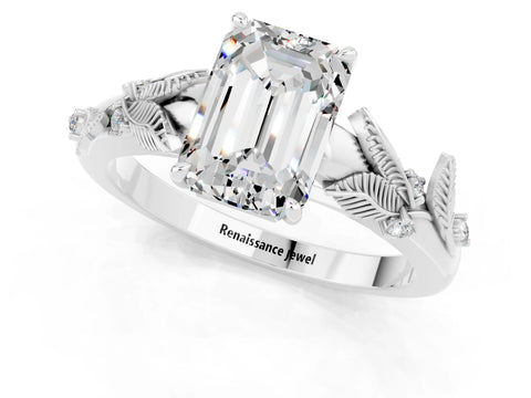 White gold Emerald Cut Moissanite Solitaire Ring with Leaf Motif Band and Four-Prong Setting_13