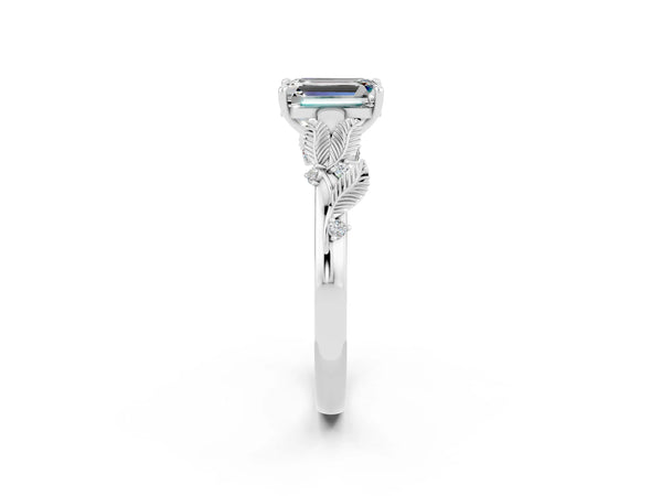 White gold Emerald Cut Moissanite Solitaire Ring with Leaf Motif Band and Four-Prong Setting