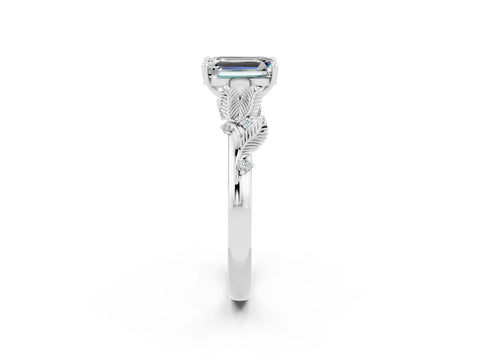 White gold Emerald Cut Moissanite Solitaire Ring with Leaf Motif Band and Four-Prong Setting_14