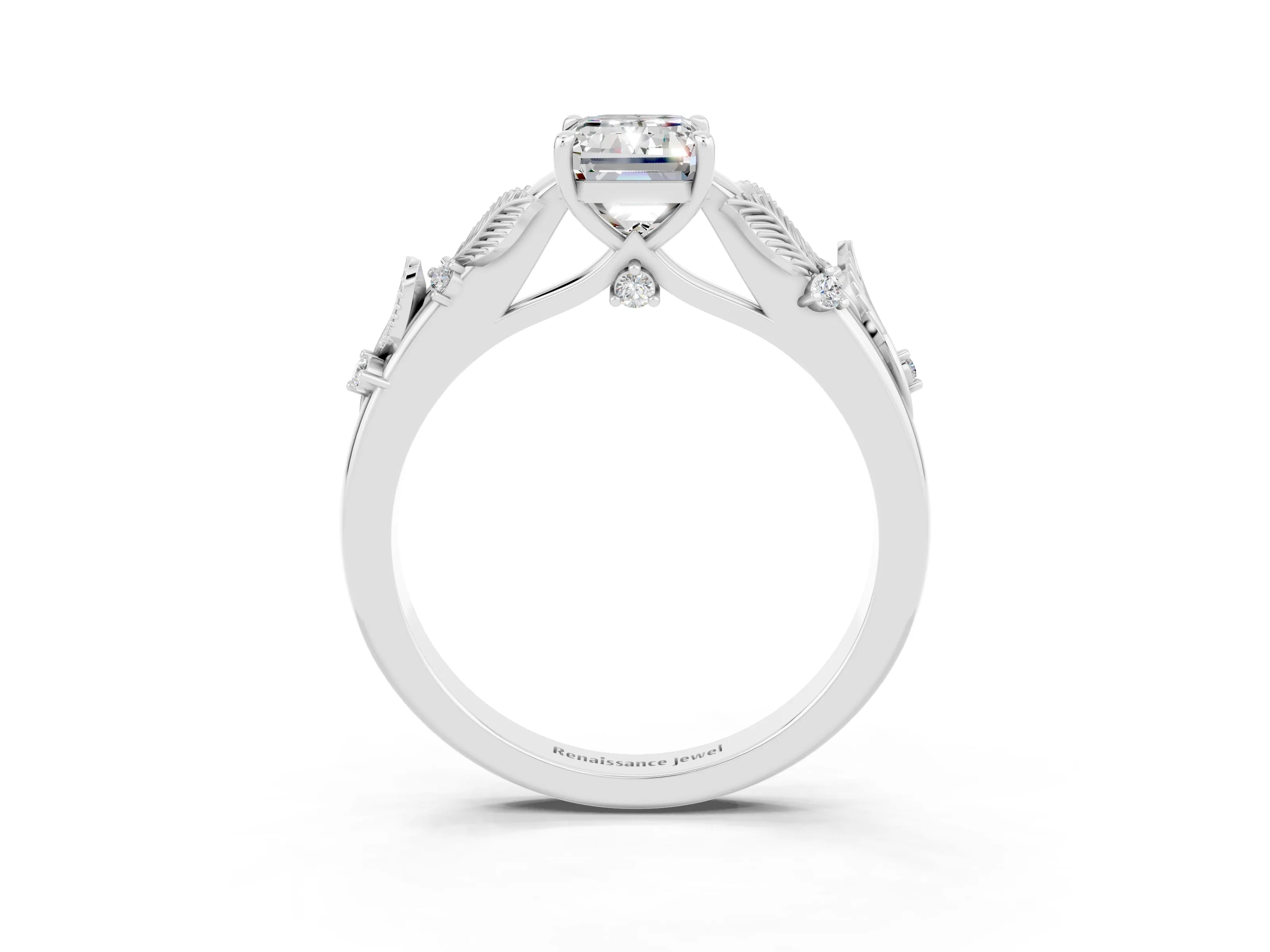 White gold Emerald Cut Moissanite Solitaire Ring with Leaf Motif Band and Four-Prong Setting_15