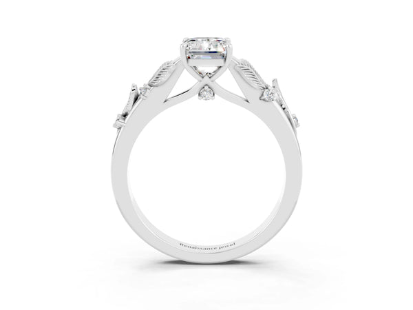 White gold Emerald Cut Moissanite Solitaire Ring with Leaf Motif Band and Four-Prong Setting