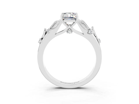 White gold Emerald Cut Moissanite Solitaire Ring with Leaf Motif Band and Four-Prong Setting_15