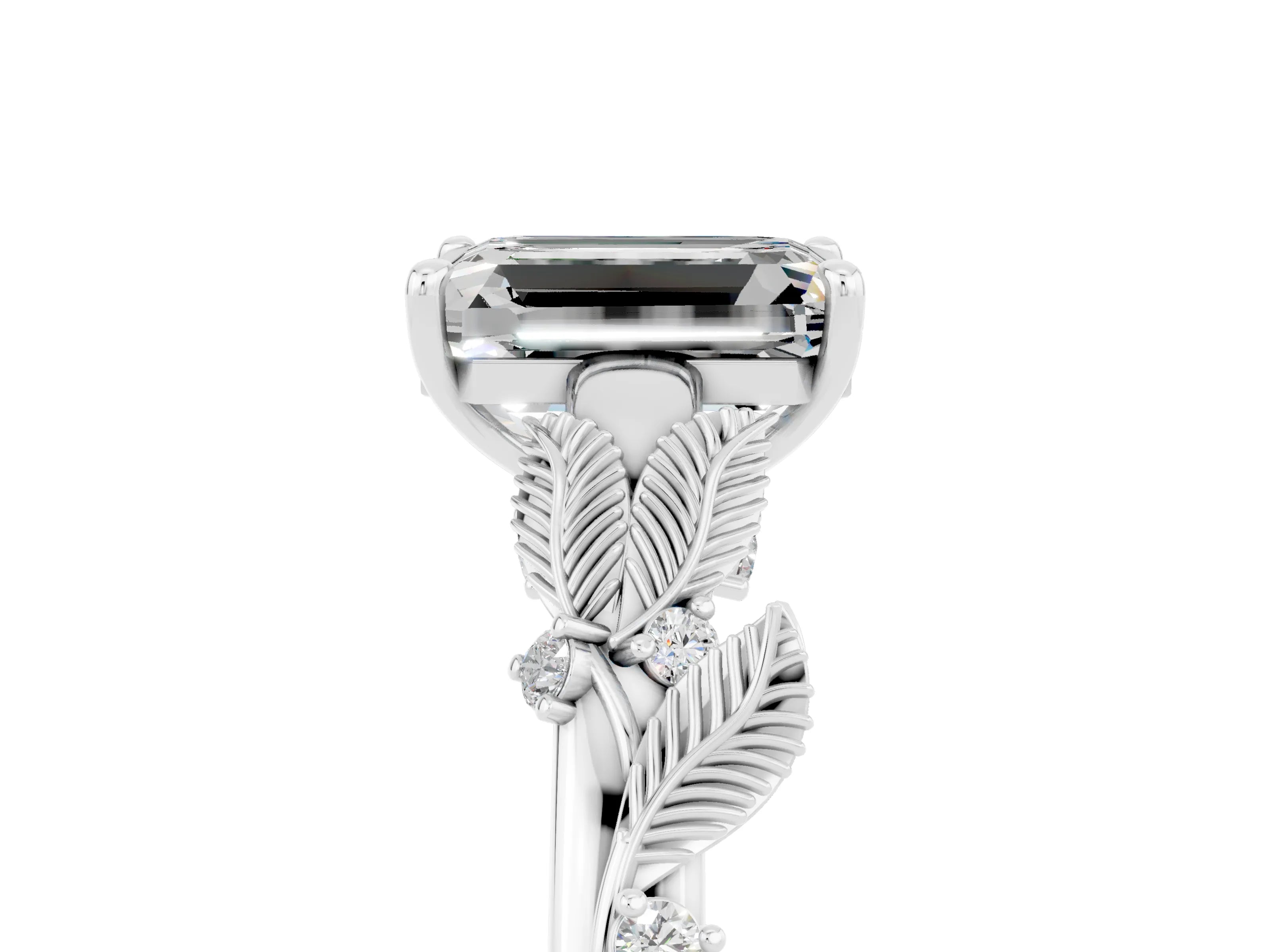 White gold Emerald Cut Moissanite Solitaire Ring with Leaf Motif Band and Four-Prong Setting_17