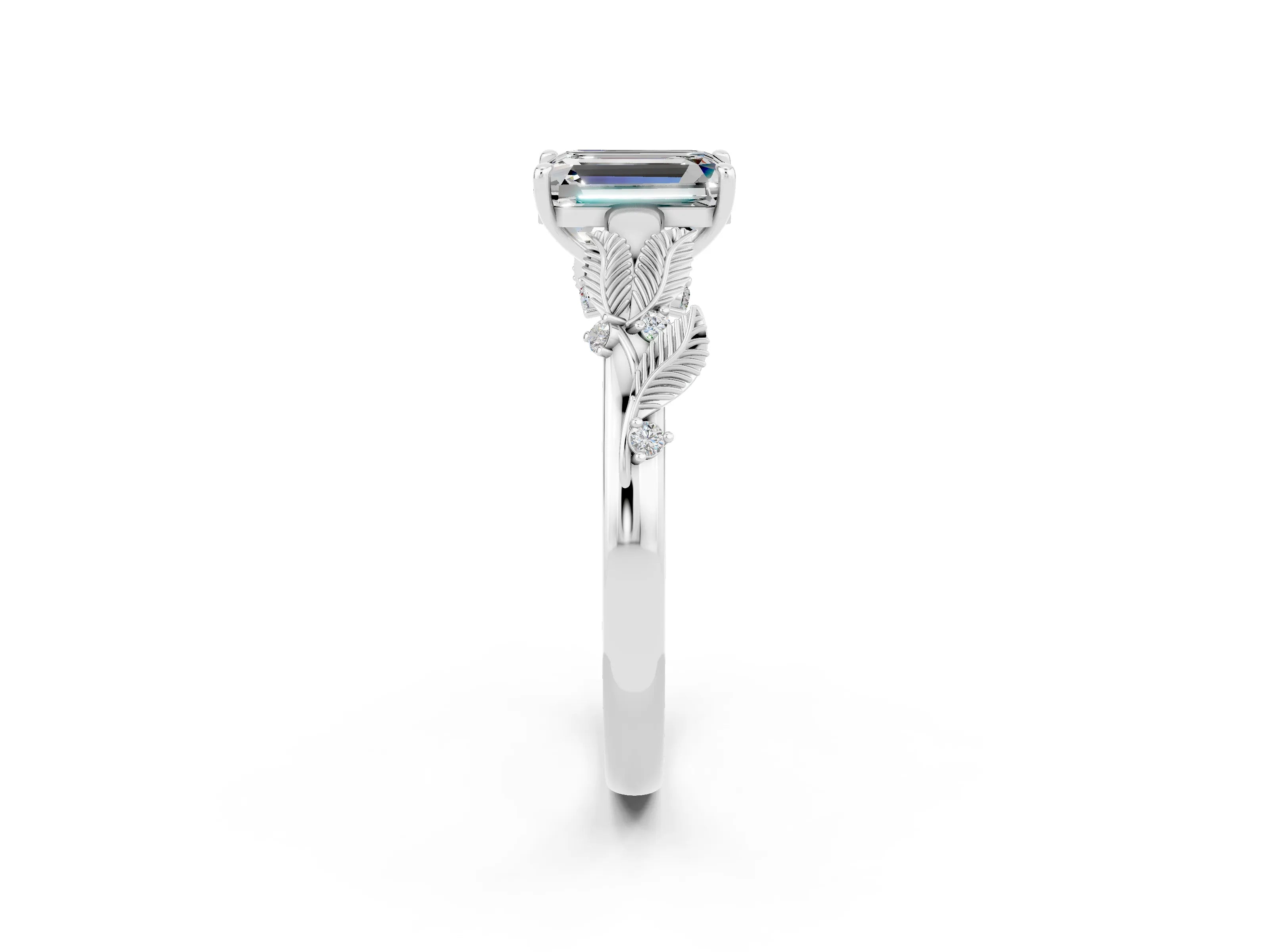 White gold Emerald Cut Moissanite Solitaire Ring with Leaf Motif Band and Four-Prong Setting_2