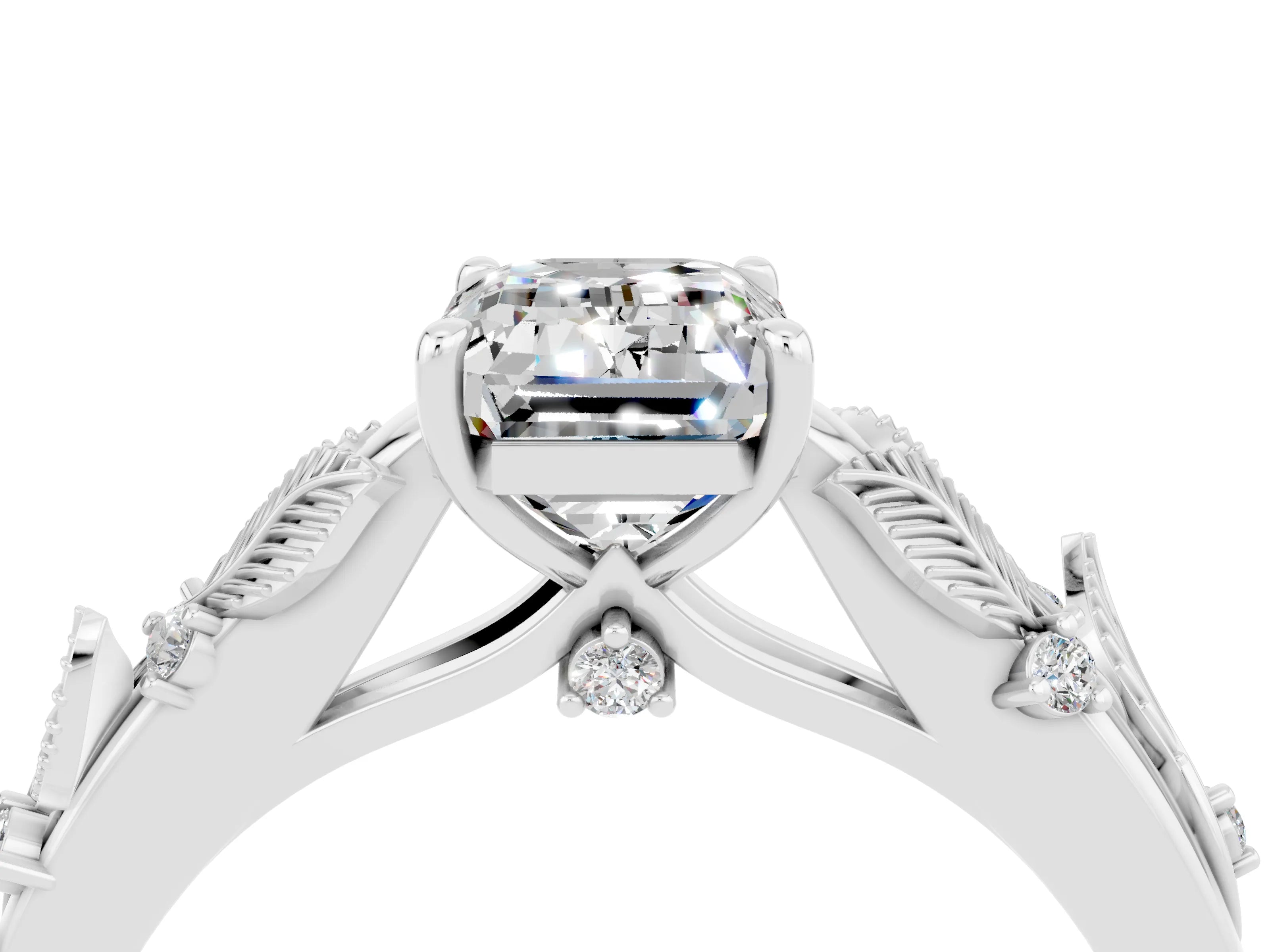 White gold Emerald Cut Moissanite Solitaire Ring with Leaf Motif Band and Four-Prong Setting_4