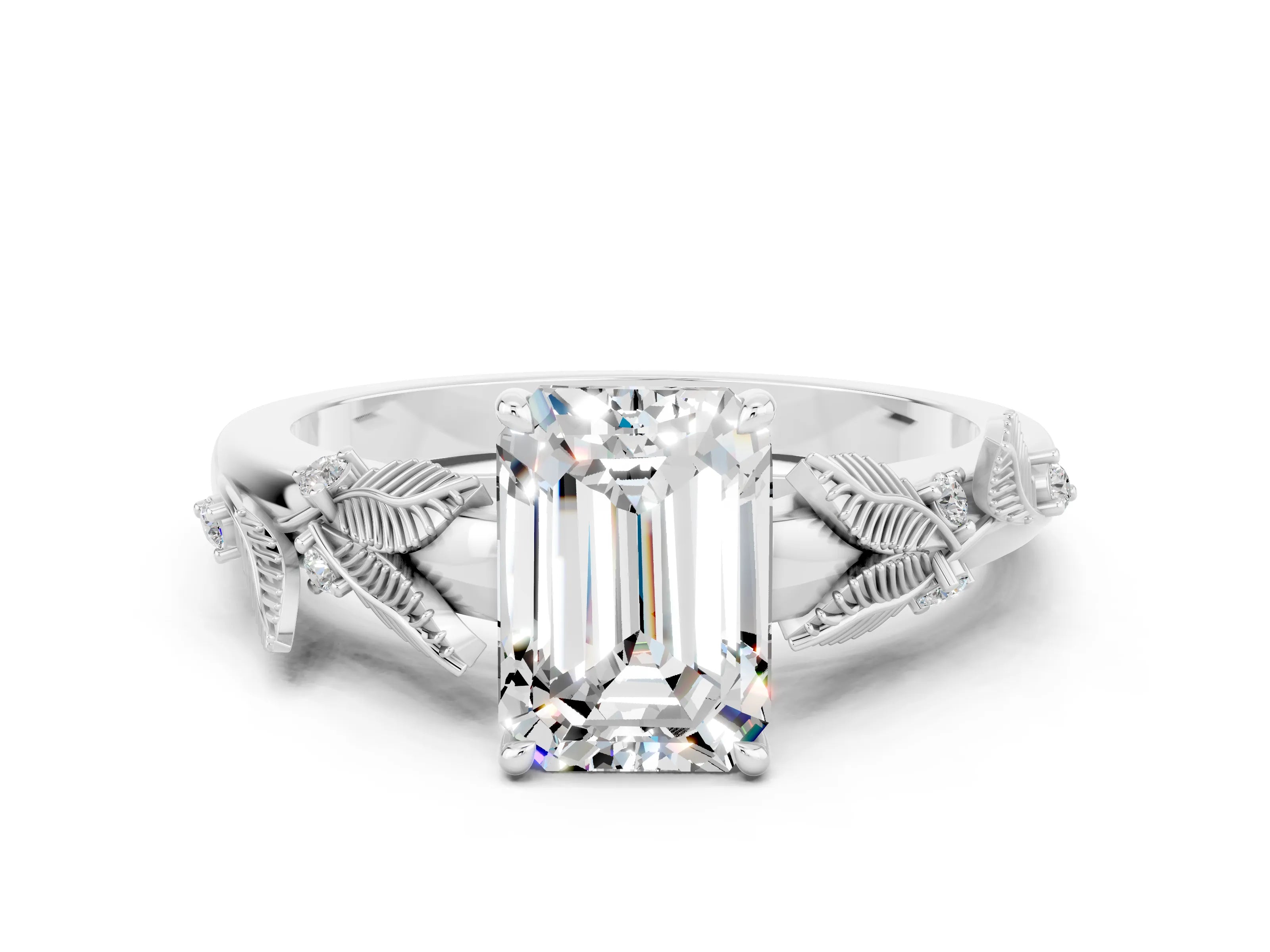 White gold Emerald Cut Moissanite Solitaire Ring with Leaf Motif Band and Four-Prong Setting