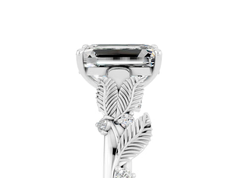 White gold Emerald Cut Moissanite Solitaire Ring with Leaf Motif Band and Four-Prong Setting_5