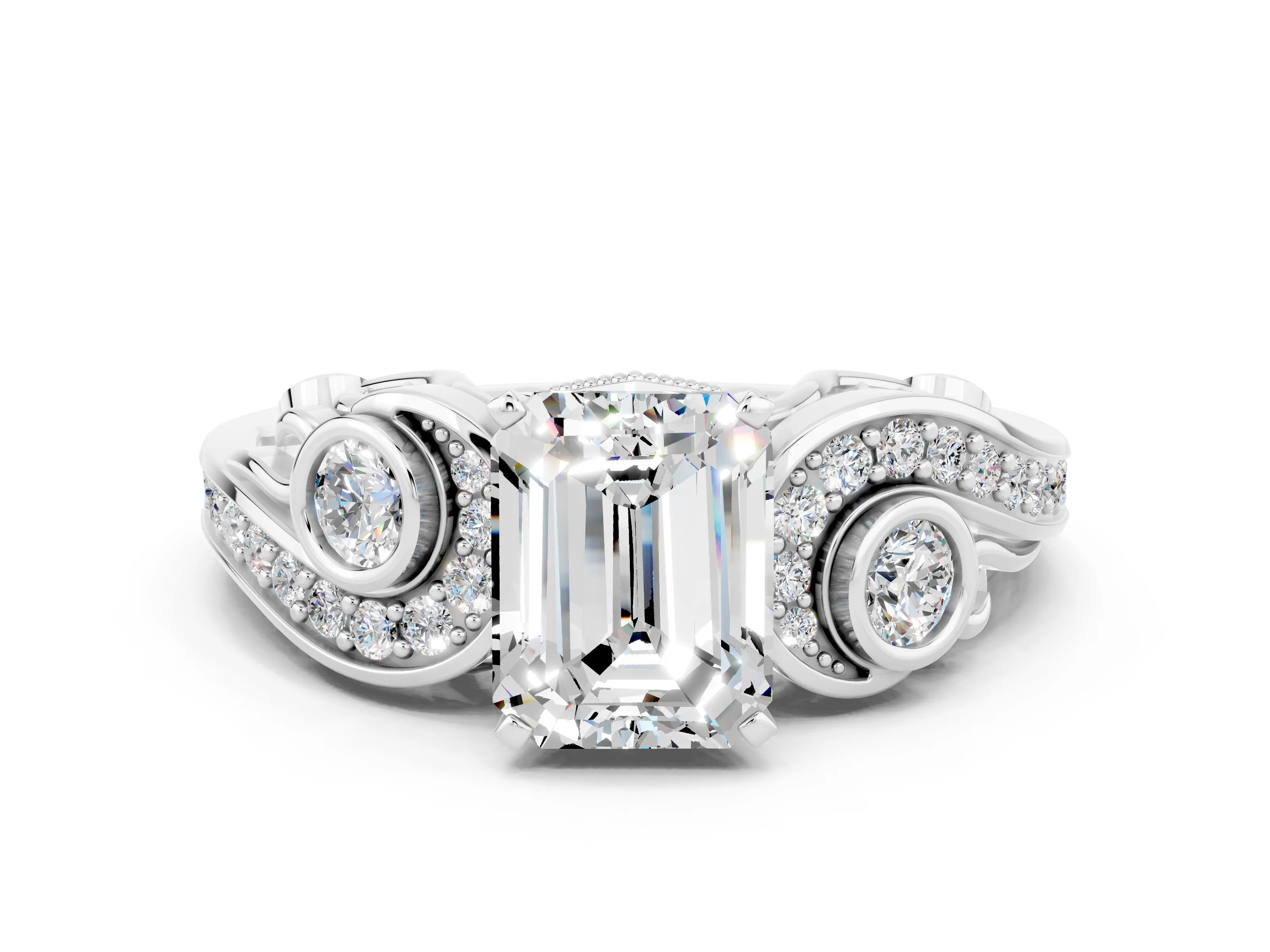 White gold Emerald Cut Moissanite Solitaire Ring with Milgrain Pavé Band and Four-Prong Setting_12