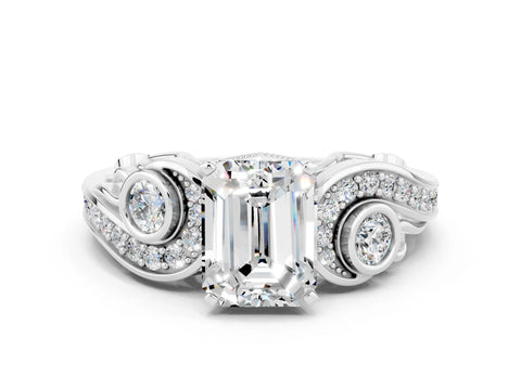White gold Emerald Cut Moissanite Solitaire Ring with Milgrain Pavé Band and Four-Prong Setting_12