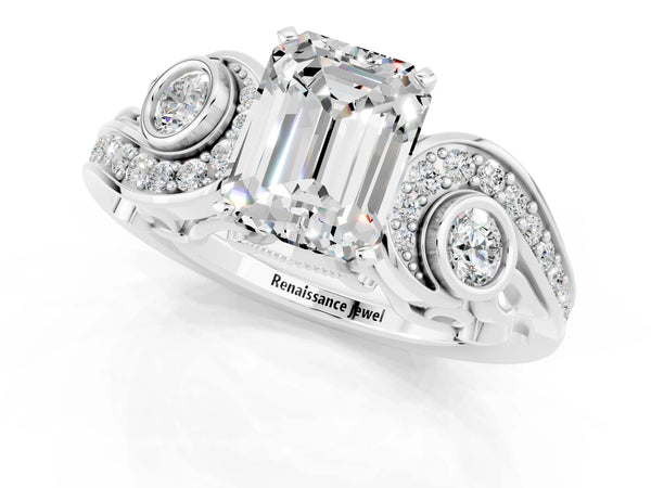 Silver Emerald Cut Moissanite Solitaire Ring with Milgrain Pavé Band and Four-Prong Setting