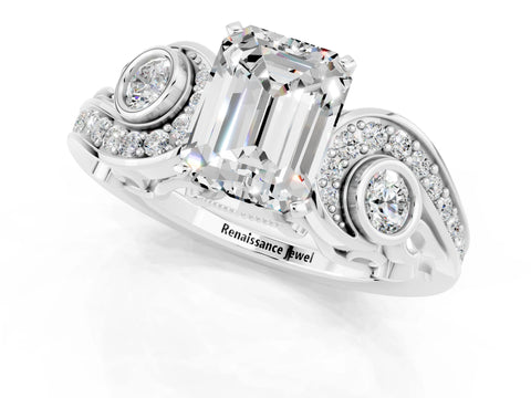White gold Emerald Cut Moissanite Solitaire Ring with Milgrain Pavé Band and Four-Prong Setting_13
