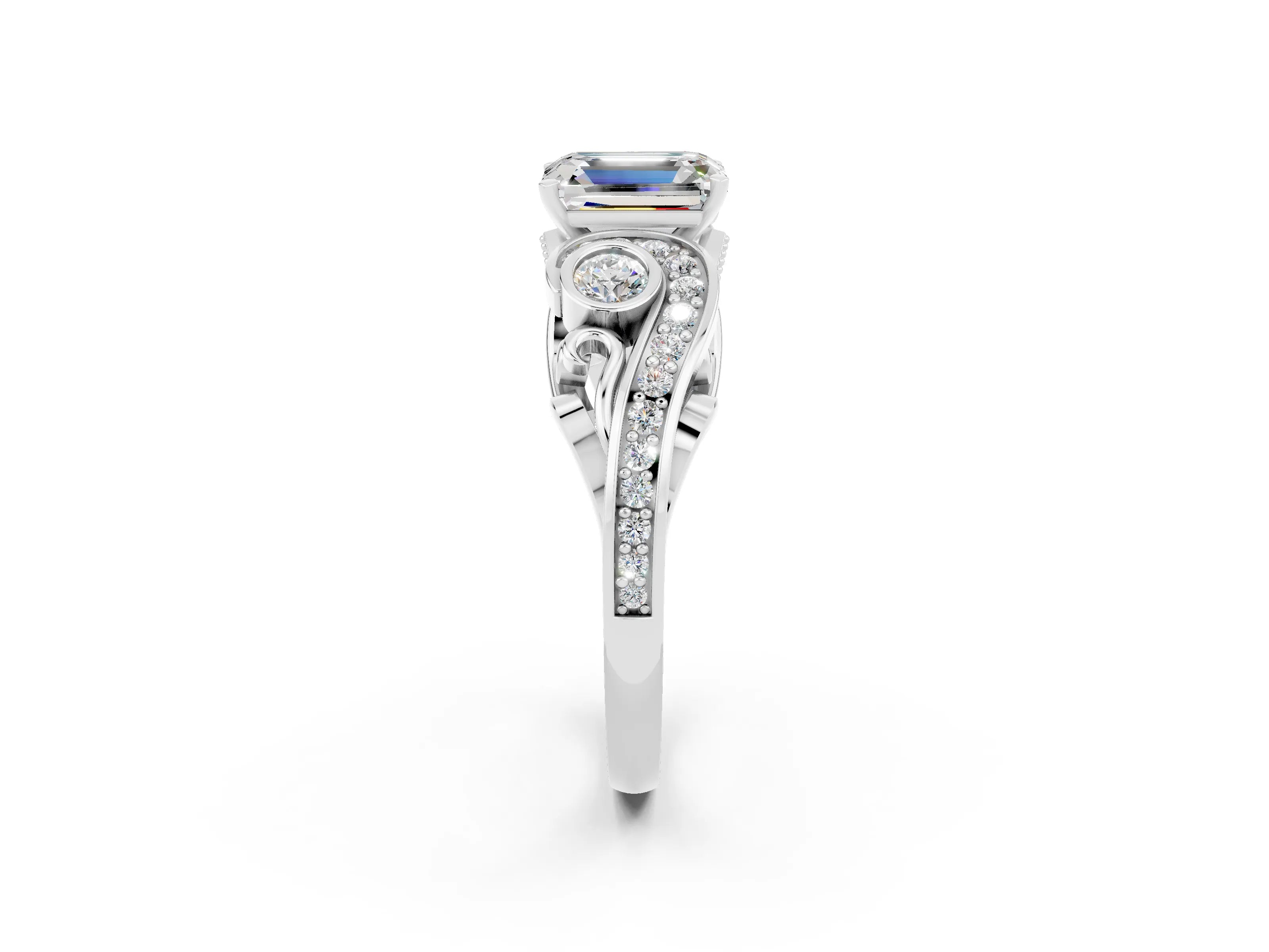 White gold Emerald Cut Moissanite Solitaire Ring with Milgrain Pavé Band and Four-Prong Setting_14