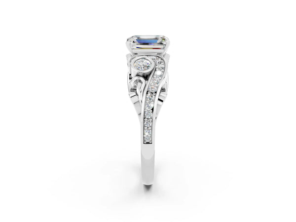 Platinum Emerald Cut Moissanite Solitaire Ring with Milgrain Pavé Band and Four-Prong Setting