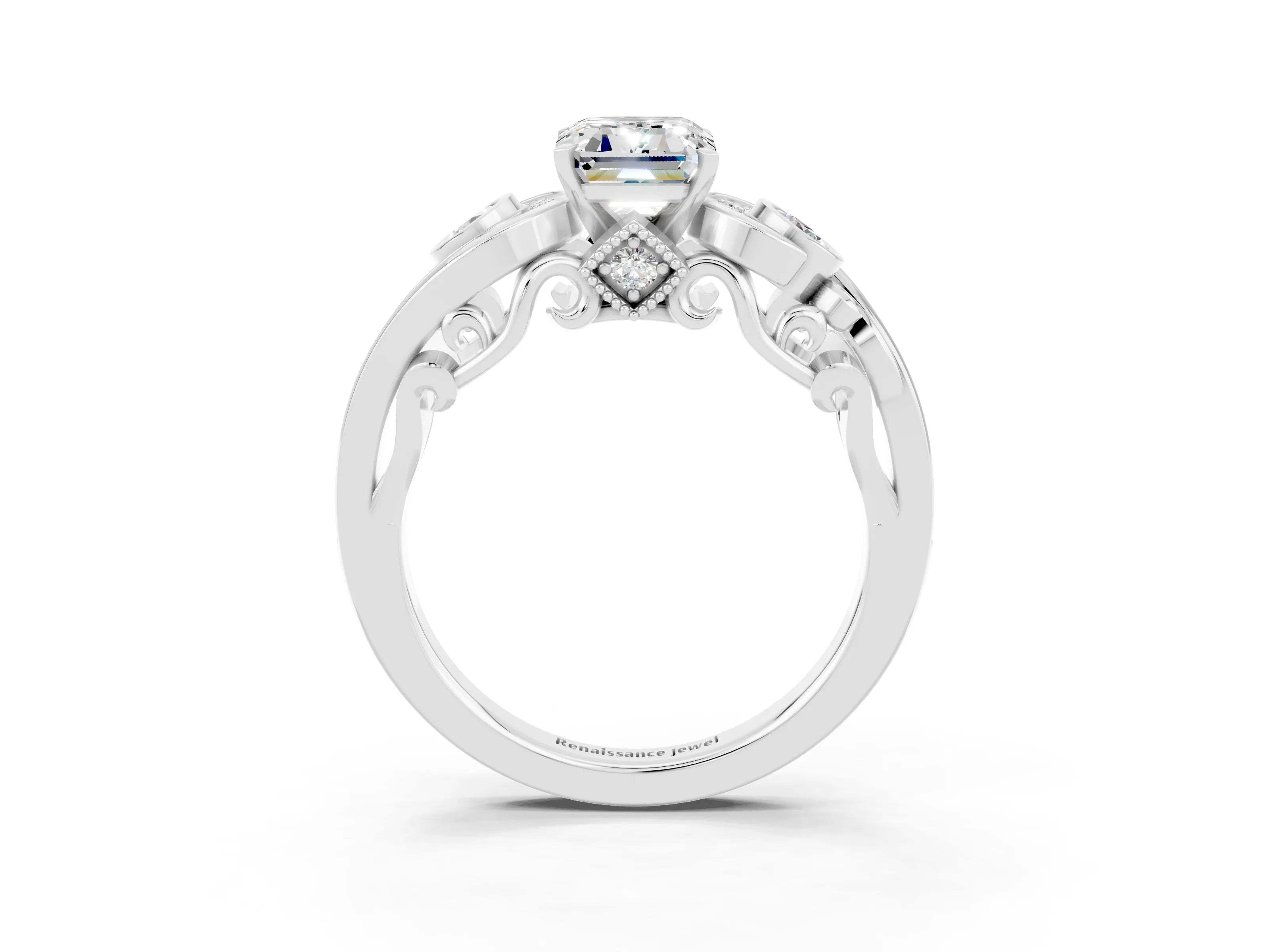 White gold Emerald Cut Moissanite Solitaire Ring with Milgrain Pavé Band and Four-Prong Setting_15
