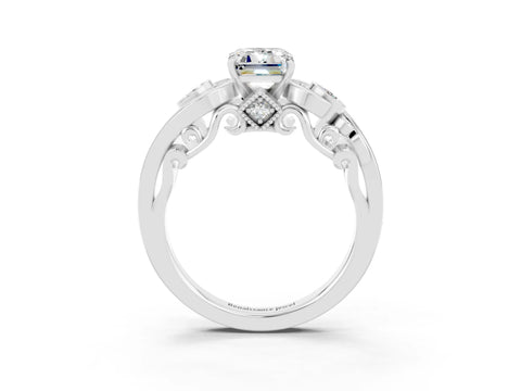White gold Emerald Cut Moissanite Solitaire Ring with Milgrain Pavé Band and Four-Prong Setting_15