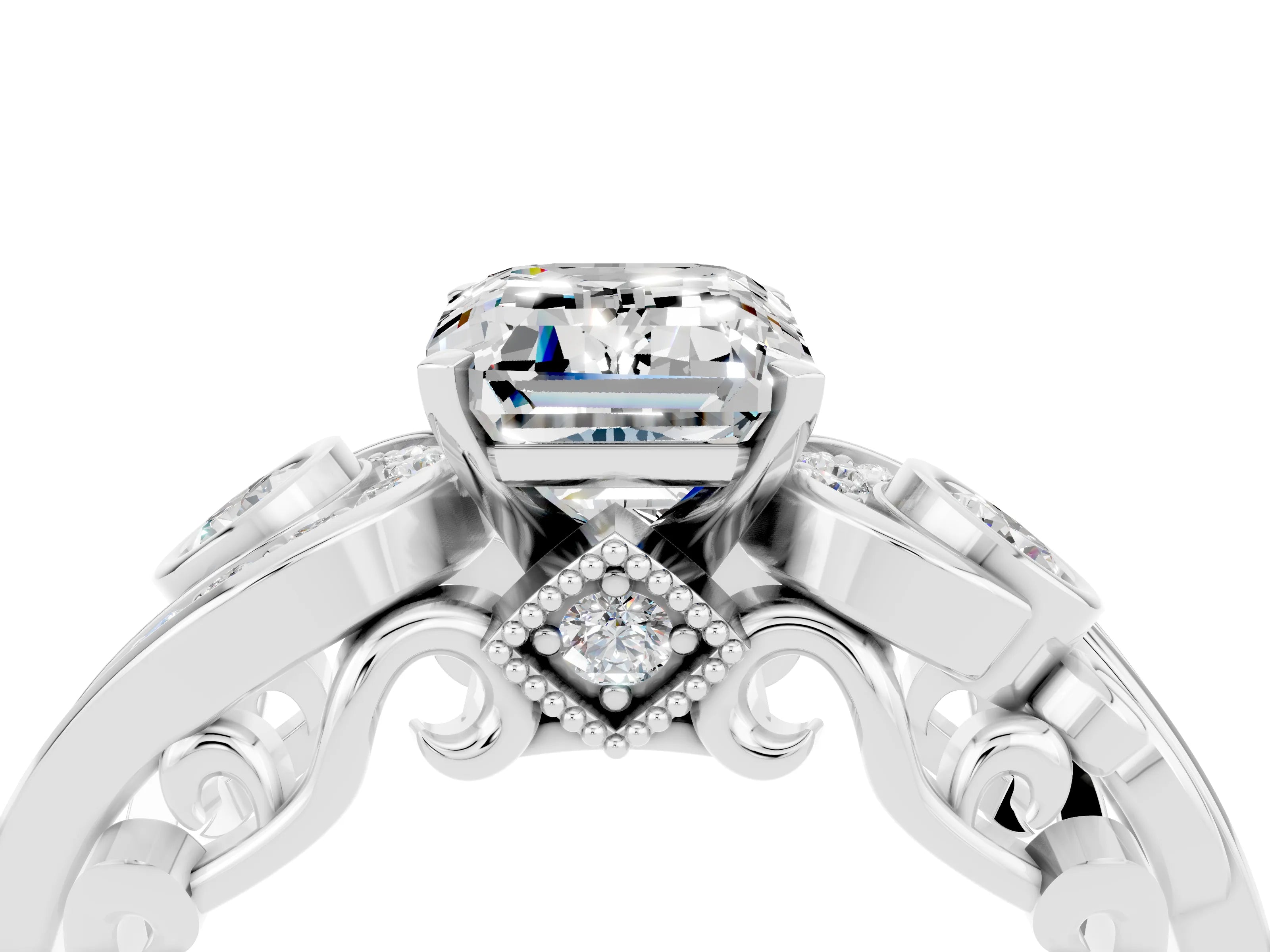 White gold Emerald Cut Moissanite Solitaire Ring with Milgrain Pavé Band and Four-Prong Setting_16