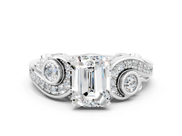 White gold Emerald Cut Moissanite Solitaire Ring with Milgrain Pavé Band and Four-Prong Setting