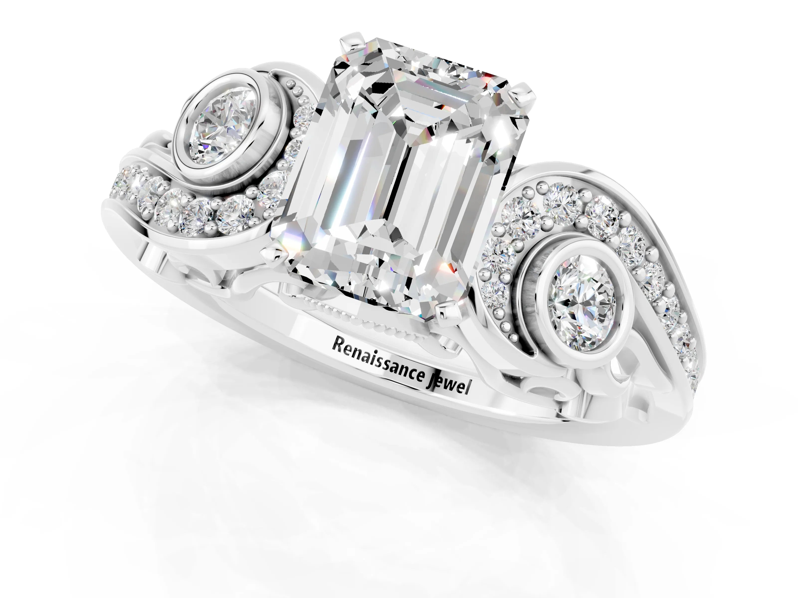 White gold Emerald Cut Moissanite Solitaire Ring with Milgrain Pavé Band and Four-Prong Setting_49