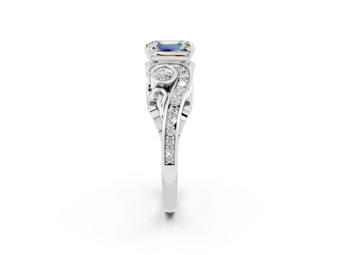 White gold Emerald Cut Moissanite Solitaire Ring with Milgrain Pavé Band and Four-Prong Setting_50