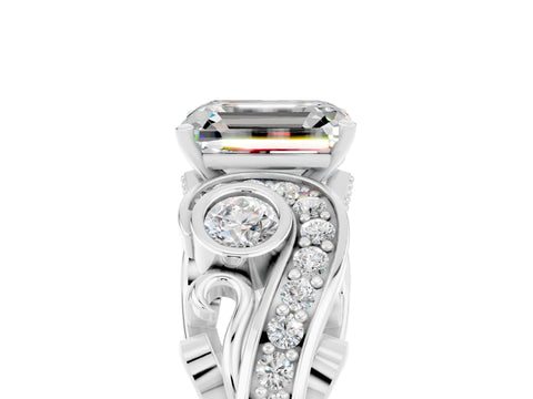 White gold Emerald Cut Moissanite Solitaire Ring with Milgrain Pavé Band and Four-Prong Setting_53