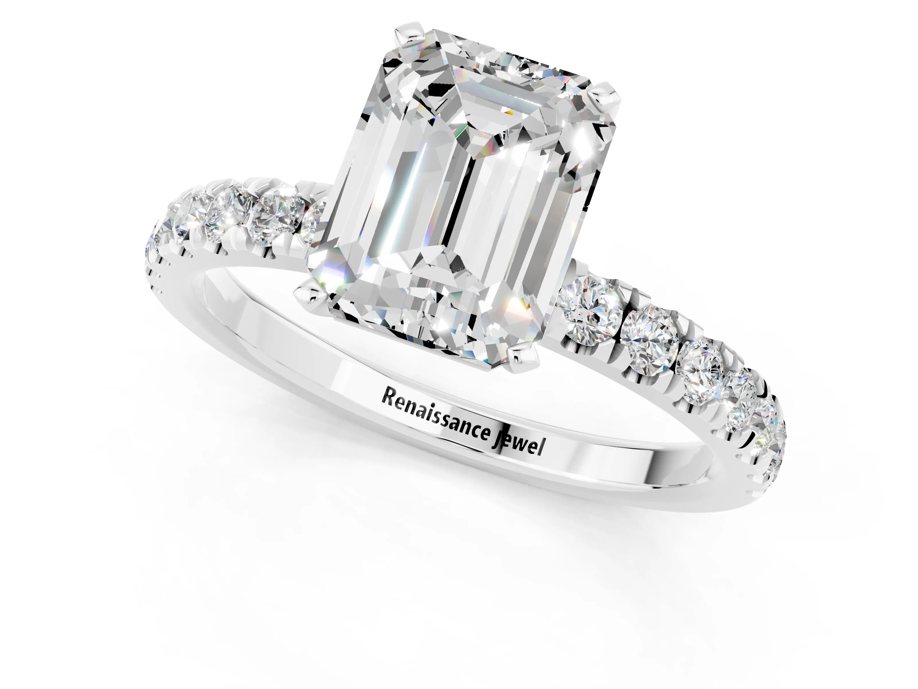 White gold Emerald Cut Moissanite Solitaire Ring with Pavé Accents and Four-Prong Setting_1