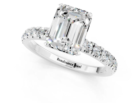 White gold Emerald Cut Moissanite Solitaire Ring with Pavé Accents and Four-Prong Setting_1