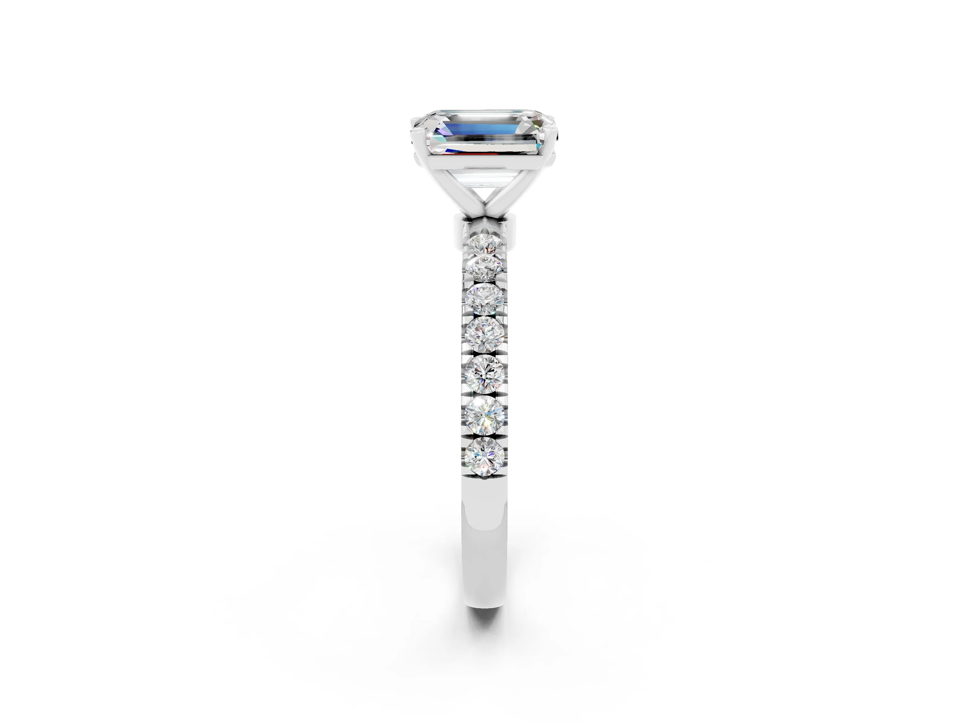 White gold Emerald Cut Moissanite Solitaire Ring with Pavé Accents and Four-Prong Setting_2