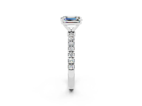 Silver Emerald Cut Moissanite Solitaire Ring with Pavé Accents and Four-Prong Setting