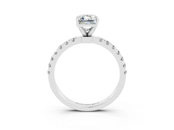 Platinum Emerald Cut Moissanite Solitaire Ring with Pavé Accents and Four-Prong Setting