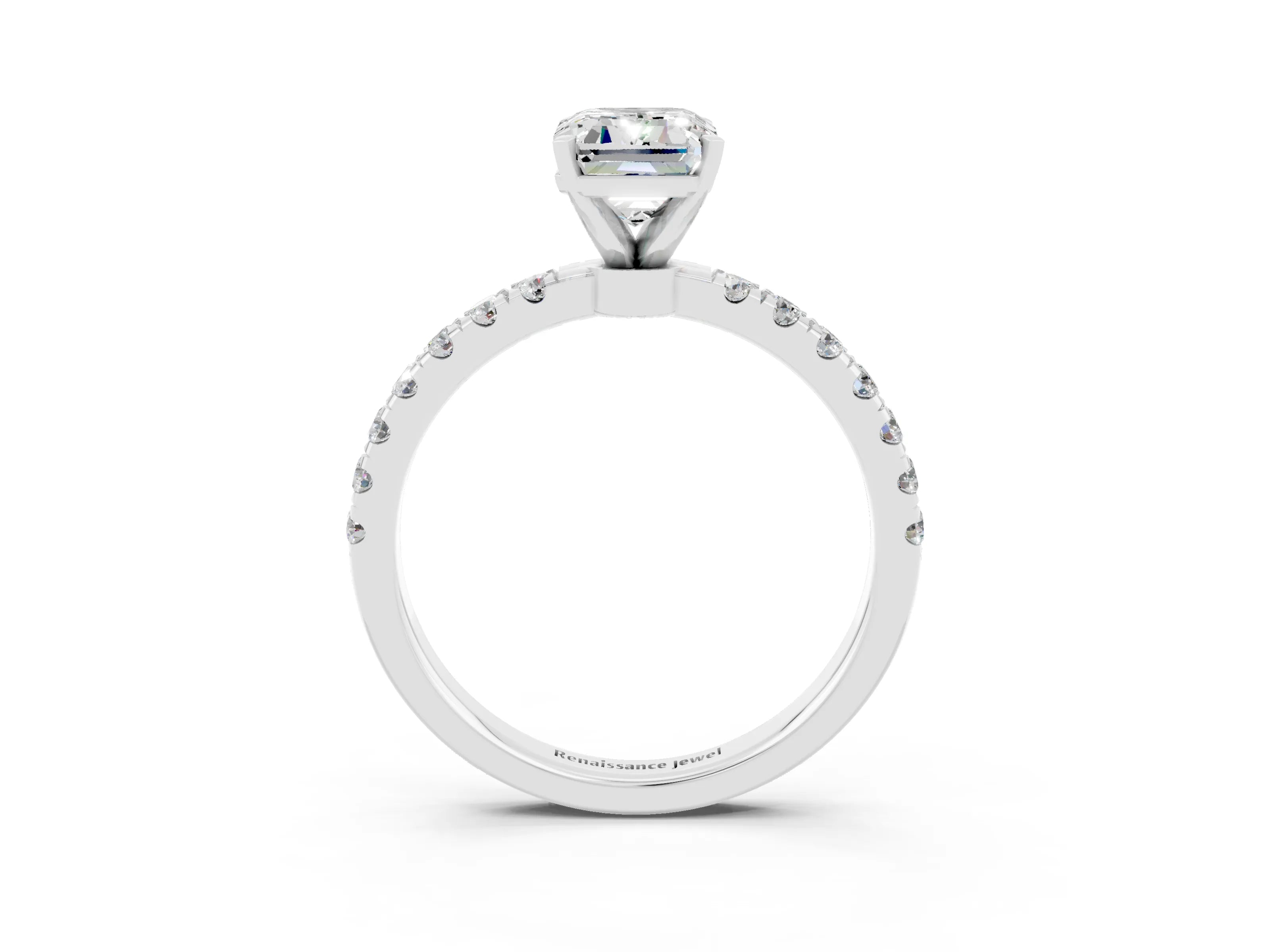 White gold Emerald Cut Moissanite Solitaire Ring with Pavé Accents and Four-Prong Setting_3