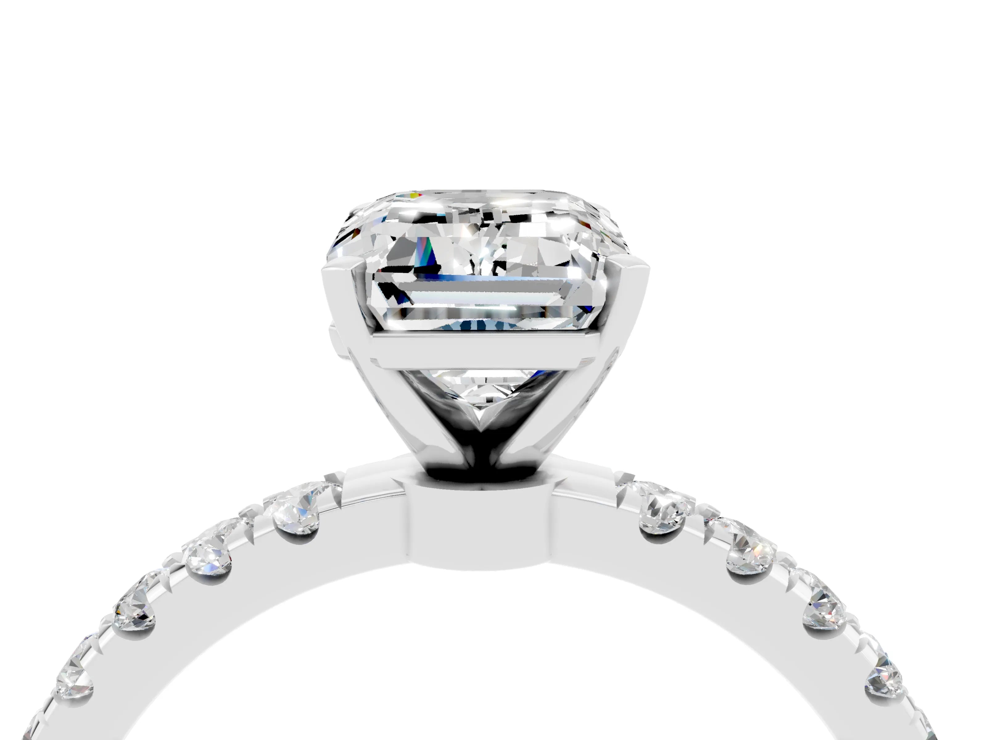 White gold Emerald Cut Moissanite Solitaire Ring with Pavé Accents and Four-Prong Setting_4