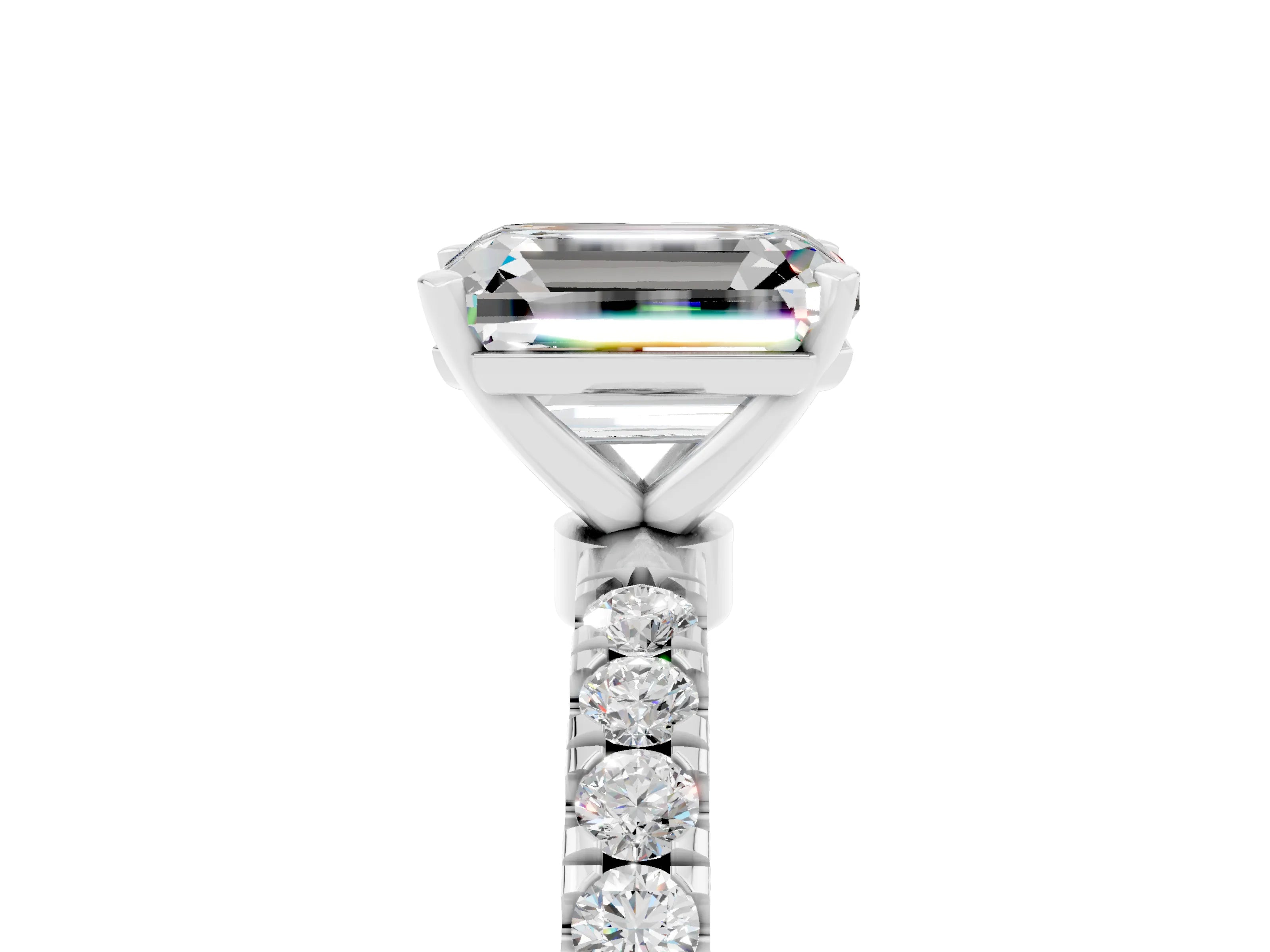 White gold Emerald Cut Moissanite Solitaire Ring with Pavé Accents and Four-Prong Setting_5