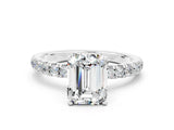 White gold Emerald Cut Moissanite Solitaire Ring with Pavé Accents and Four-Prong Setting