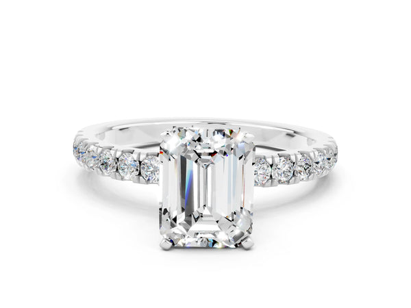 White gold Emerald Cut Moissanite Solitaire Ring with Pavé Accents and Four-Prong Setting