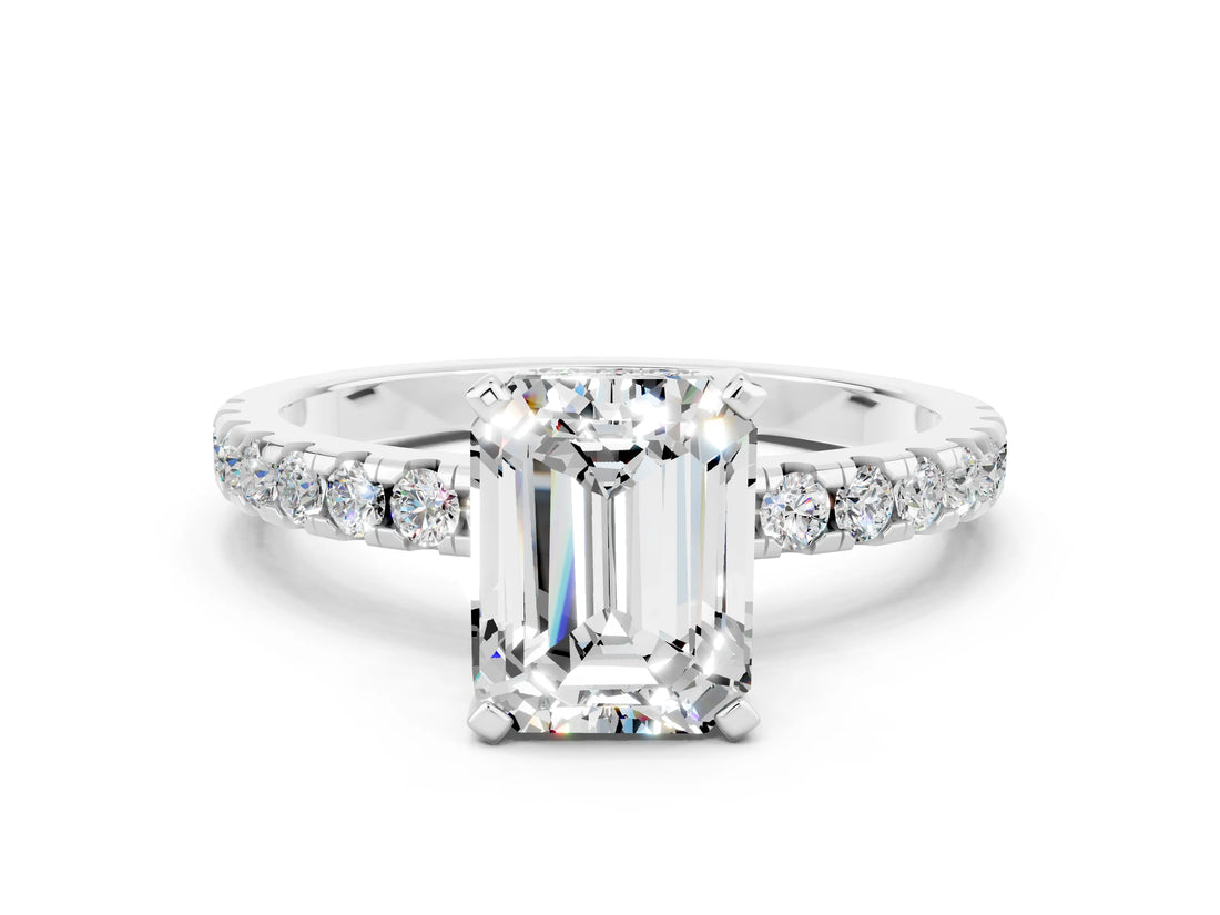 White gold Emerald Cut Moissanite Solitaire Ring with Pavé Band and Four-Prong Setting_24
