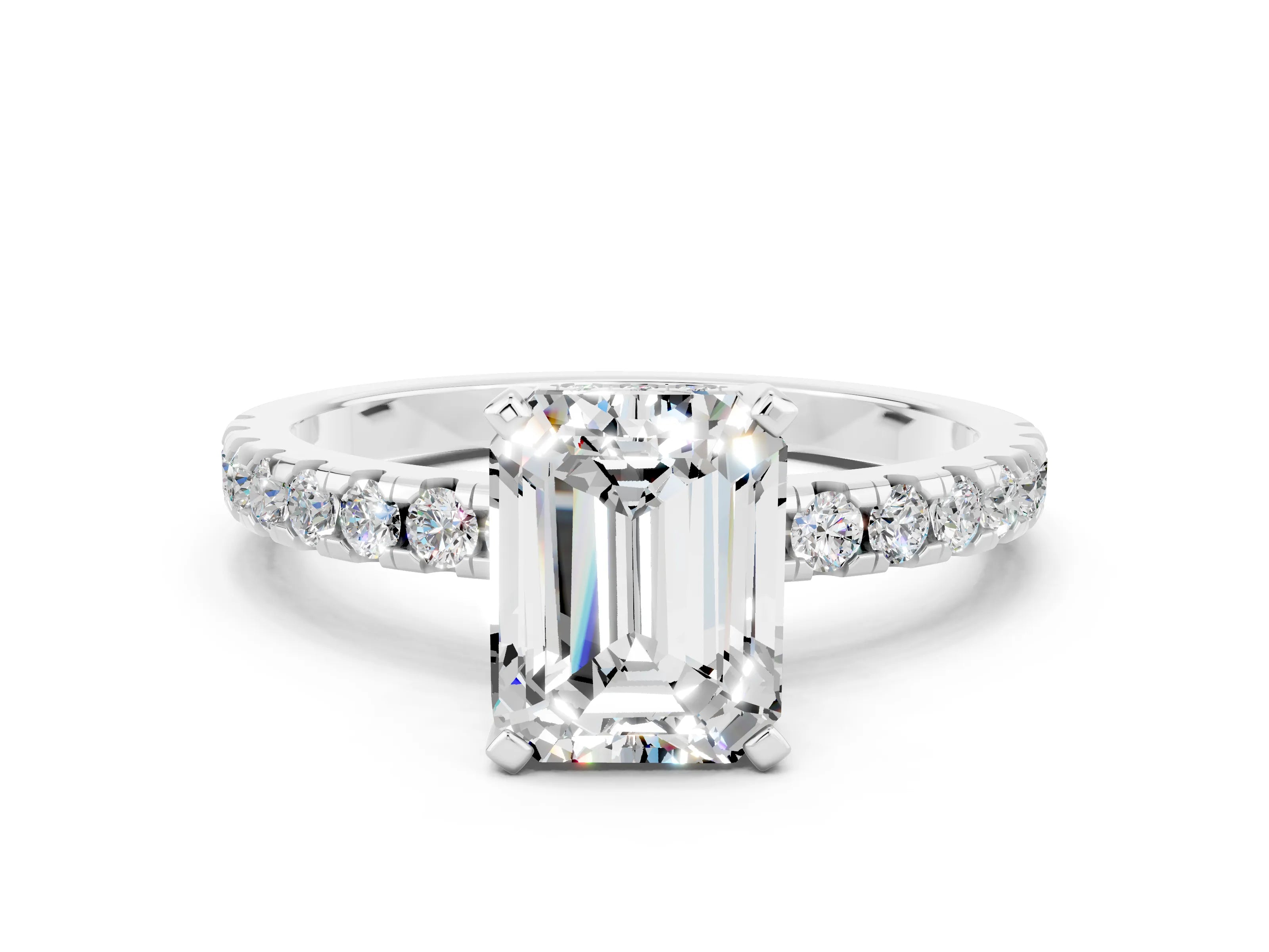 White gold Emerald Cut Moissanite Solitaire Ring with Pavé Band and Four-Prong Setting_24