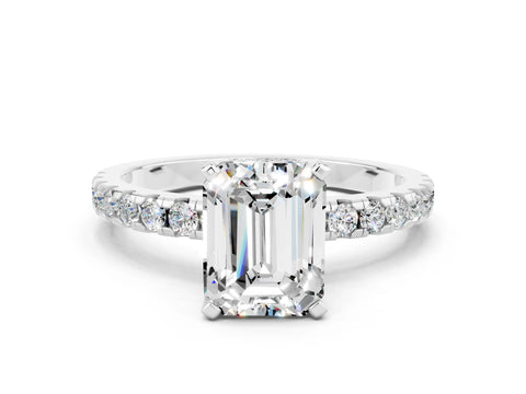 White gold Emerald Cut Moissanite Solitaire Ring with Pavé Band and Four-Prong Setting_24