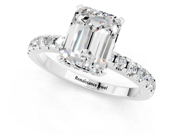 White gold Emerald Cut Moissanite Solitaire Ring with Round  Pavé Band and Four-Prong Setting