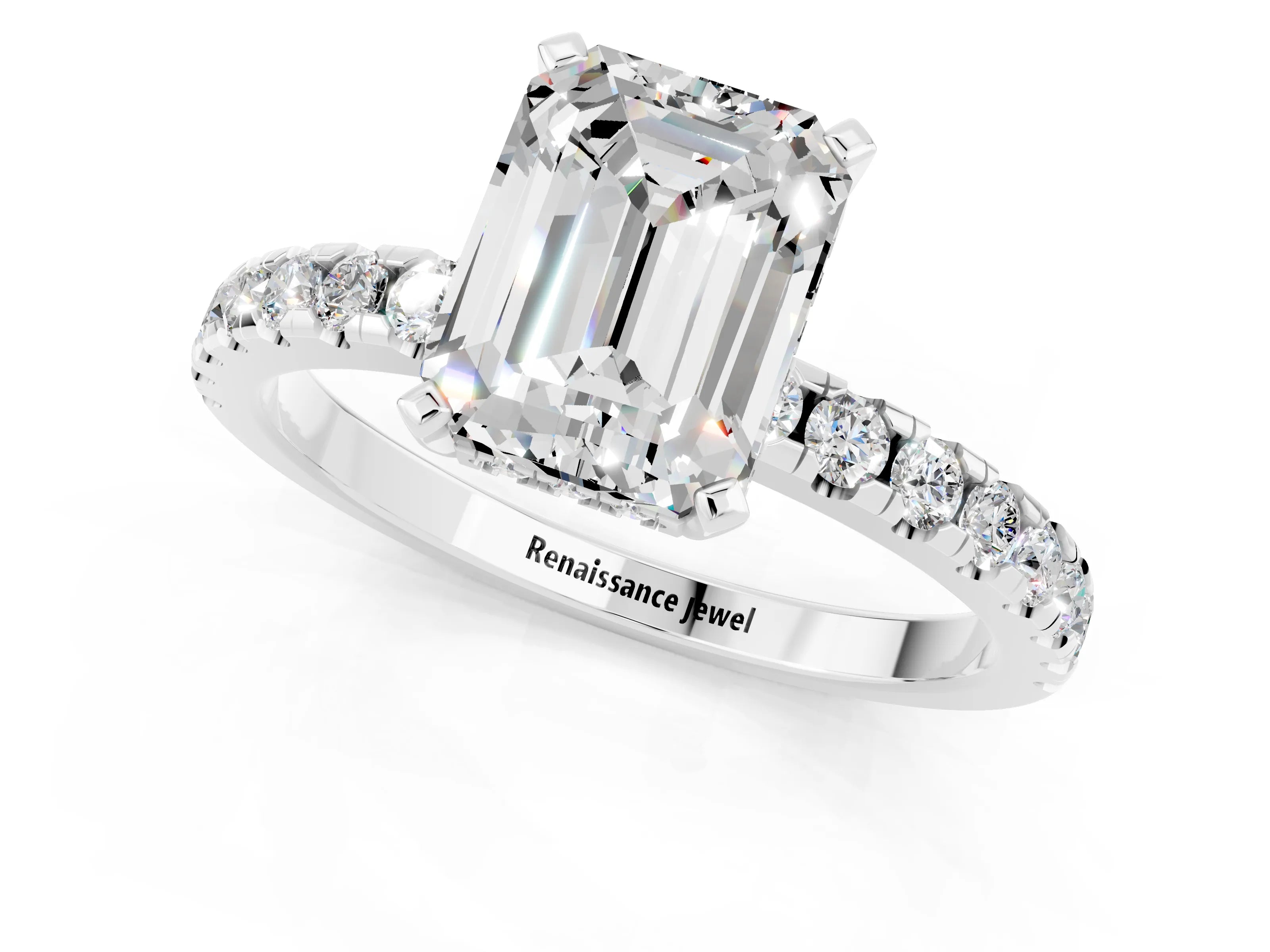 White gold Emerald Cut Moissanite Solitaire Ring with Pavé Band and Four-Prong Setting_25
