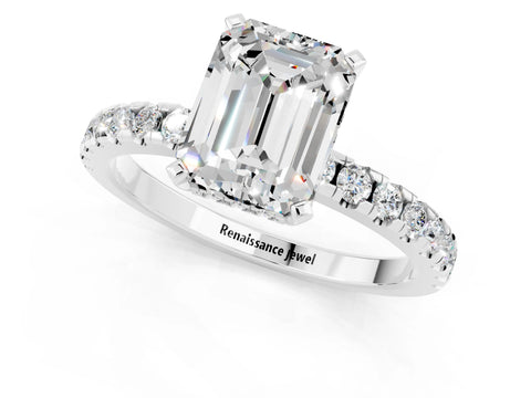 White gold Emerald Cut Moissanite Solitaire Ring with Pavé Band and Four-Prong Setting_25