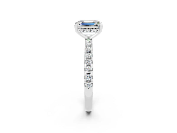 Platinum Emerald Cut Moissanite Solitaire Ring with Round  Pavé Band and Four-Prong Setting
