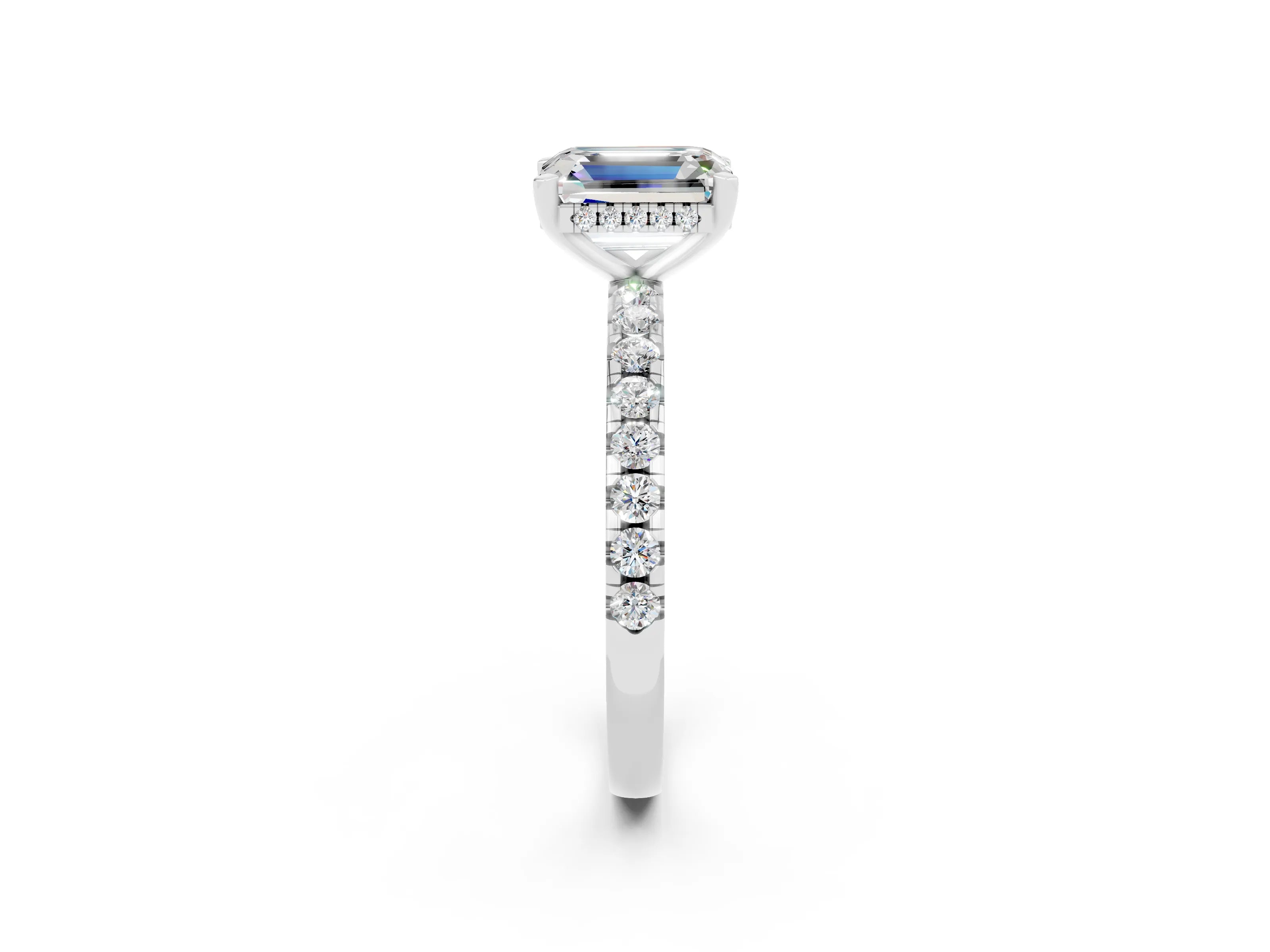 White gold Emerald Cut Moissanite Solitaire Ring with Pavé Band and Four-Prong Setting_26